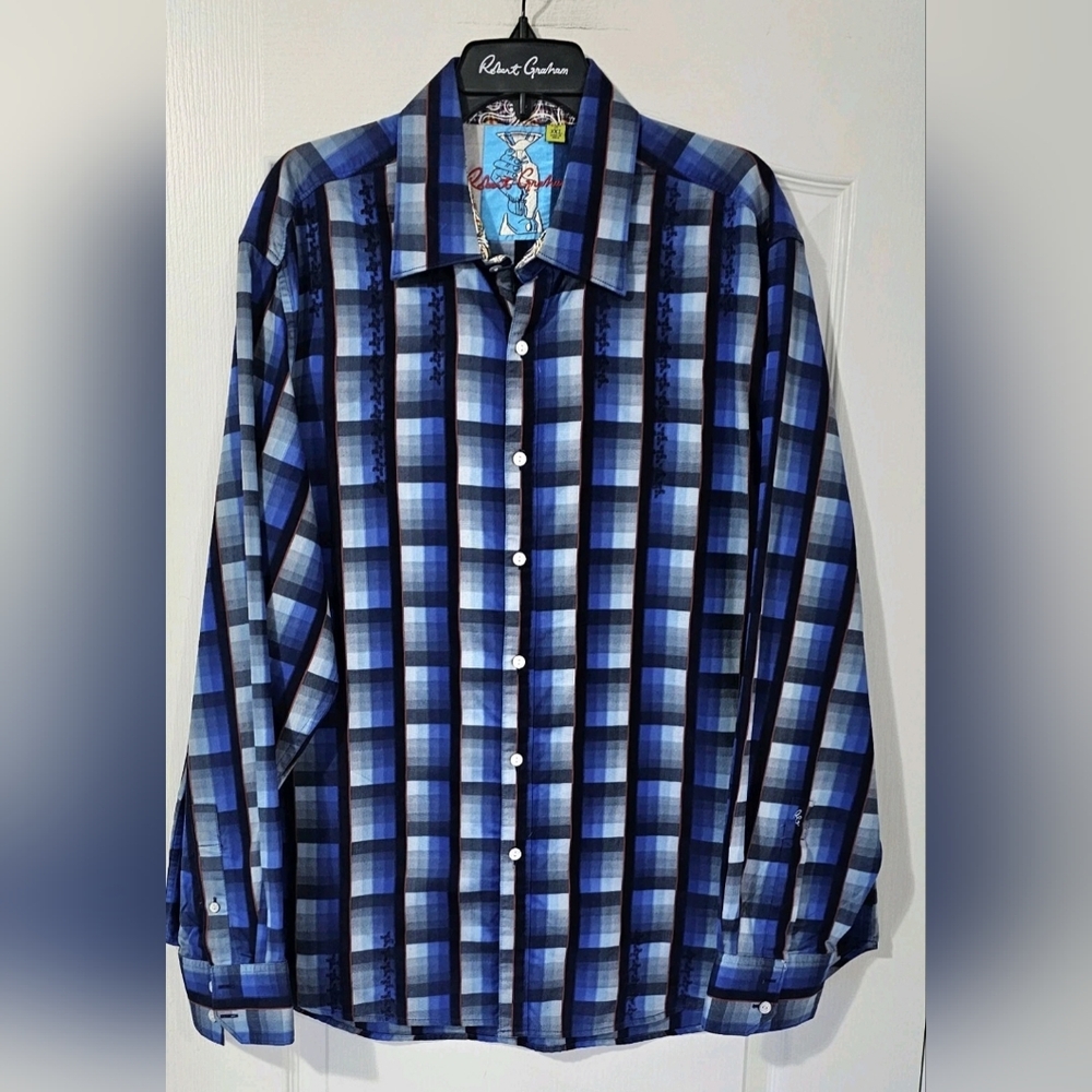 Robert Graham Navy and Light Blue Checkered Shirt Size 3XL.